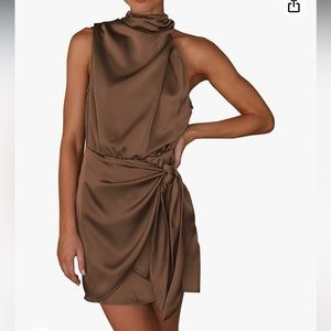 PRETTYGARDEN Women's Short Formal Satin Mock Neck Tie Waist Cocktail Dress